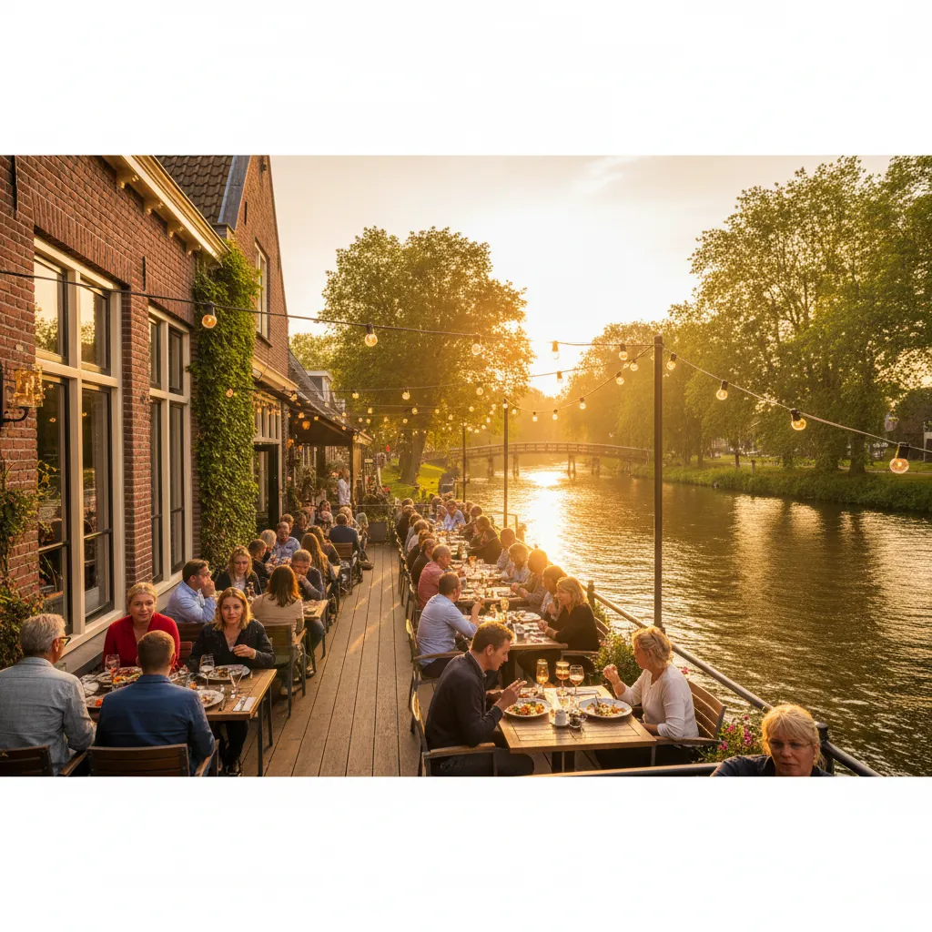 Brasserie L'Oeuf terras langs de Hollandse IJssel bij gouden uur